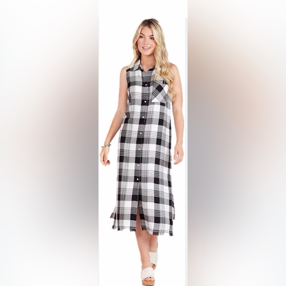 MUD PIE Black & White Plaid Sleeveless Midi Length Shirt Dress Size Medium